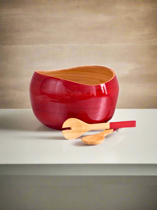 Red Lacquer & Bamboo Salad Bowl with Spoons