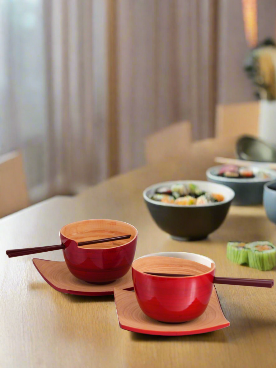 Bamboo & Lacquer Soup Bowl Set with Chopsticks
