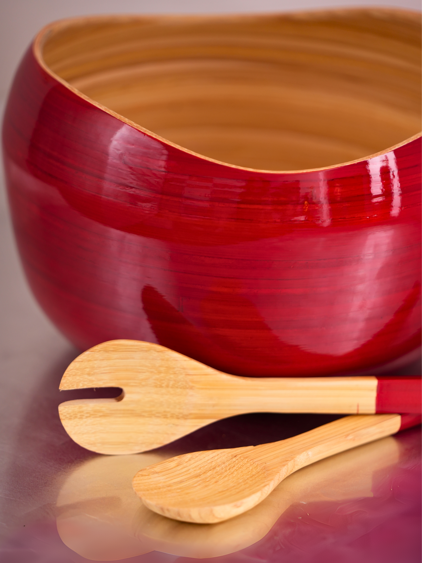 Red Lacquer & Bamboo Salad Bowl with Spoons
